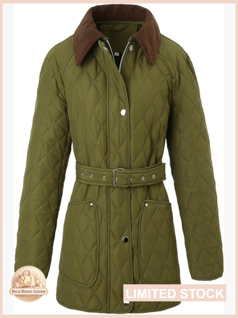Quilted Jacket With Corduroy Collar Belted Long Sleeve Diamond Coat